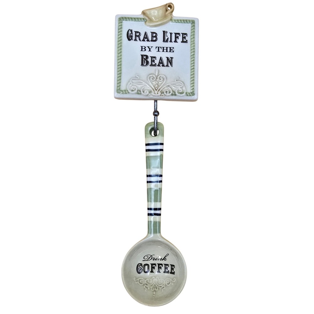 Ceramic Coffee Scoop and Wall Hook Set Grab Life By The Bean Sage Green Cream